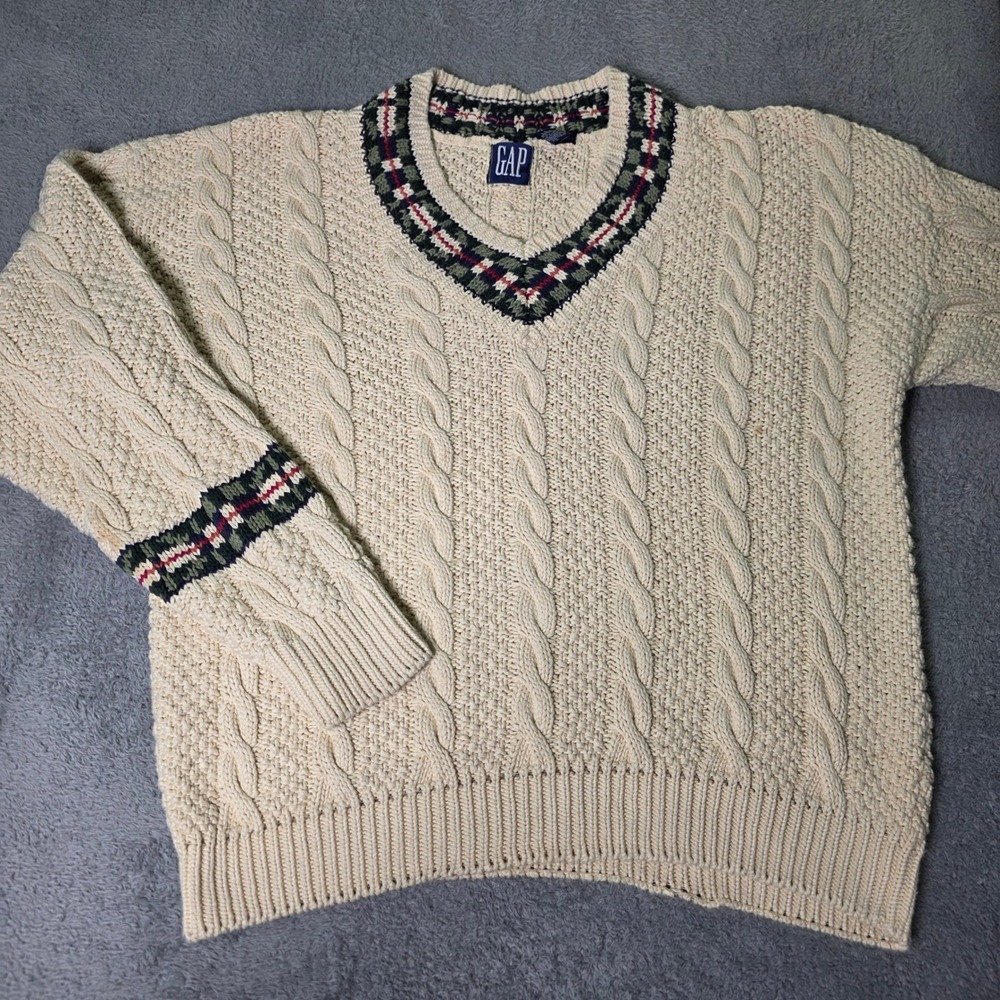 Gap Men XL V-Neck Sweater Cream Cable Knit Cotton Vintage Fair Isle Trim